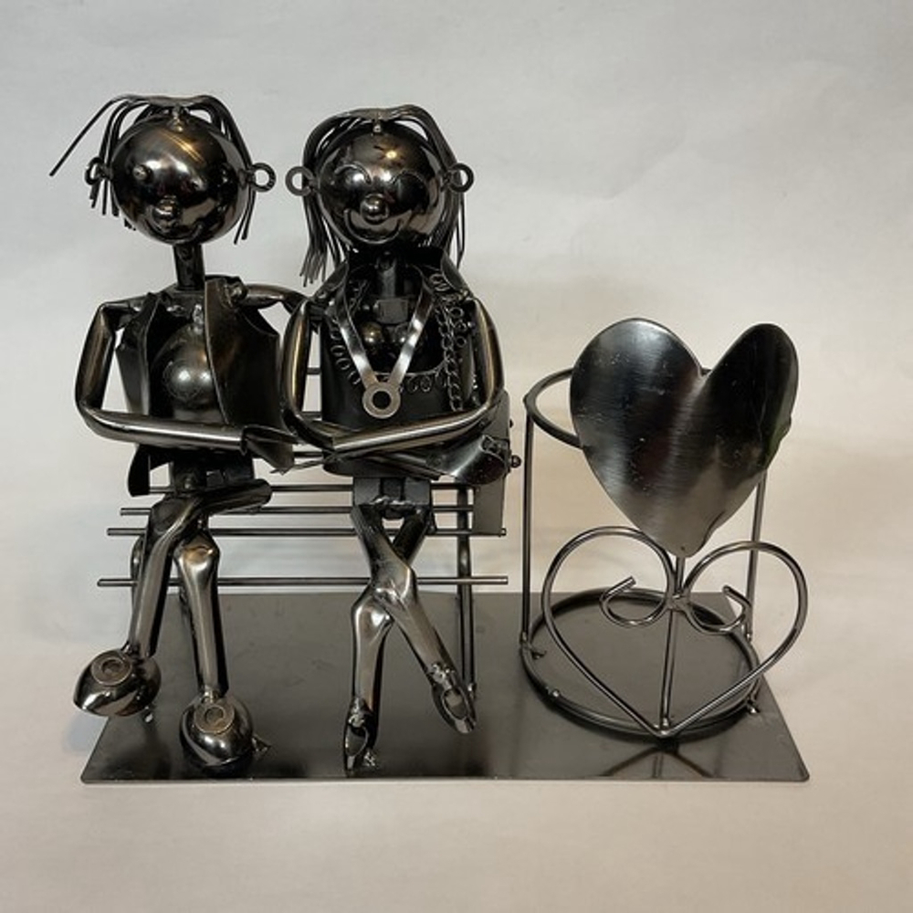 VTG Metal Statue Love Couple On‎ The Bench Wine Bottle/Candle Holder 8"x10"x4.5"